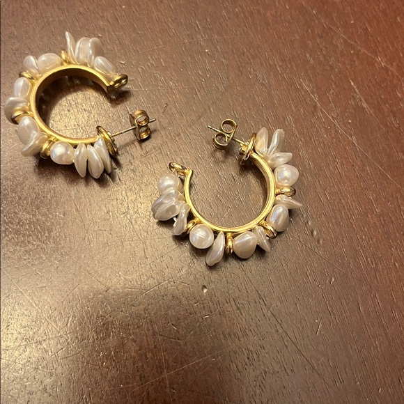 Gold tone and Pearl Accent Hoop Earrings - Women Jewelry - Picture 6 of 6